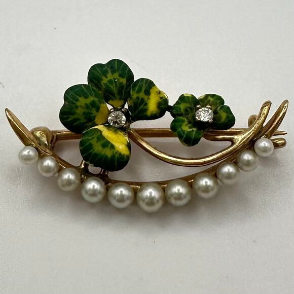 Antique Victorian solid 14kt gold seed pearls precious gems 4 leaf clover brooch - Picture 1 of 10